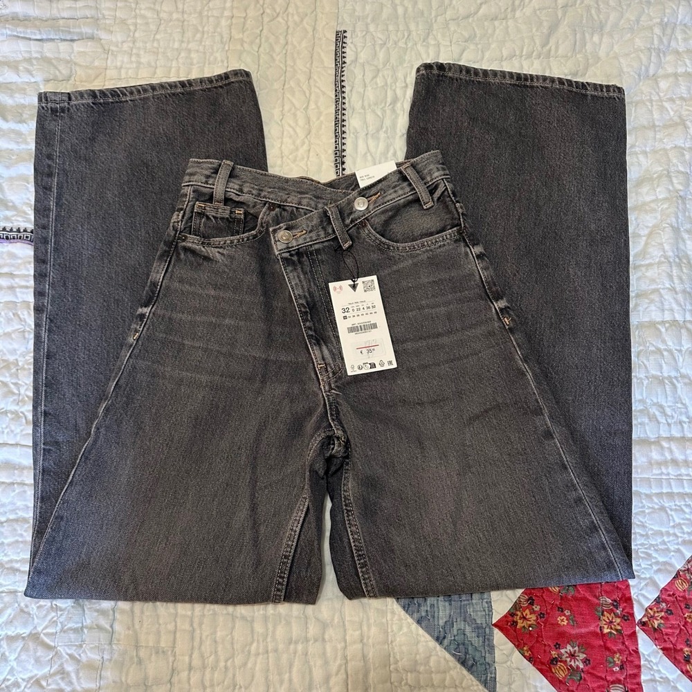 Zara Crossed Waist Wide Leg Jeans Charcoal Gray US 0